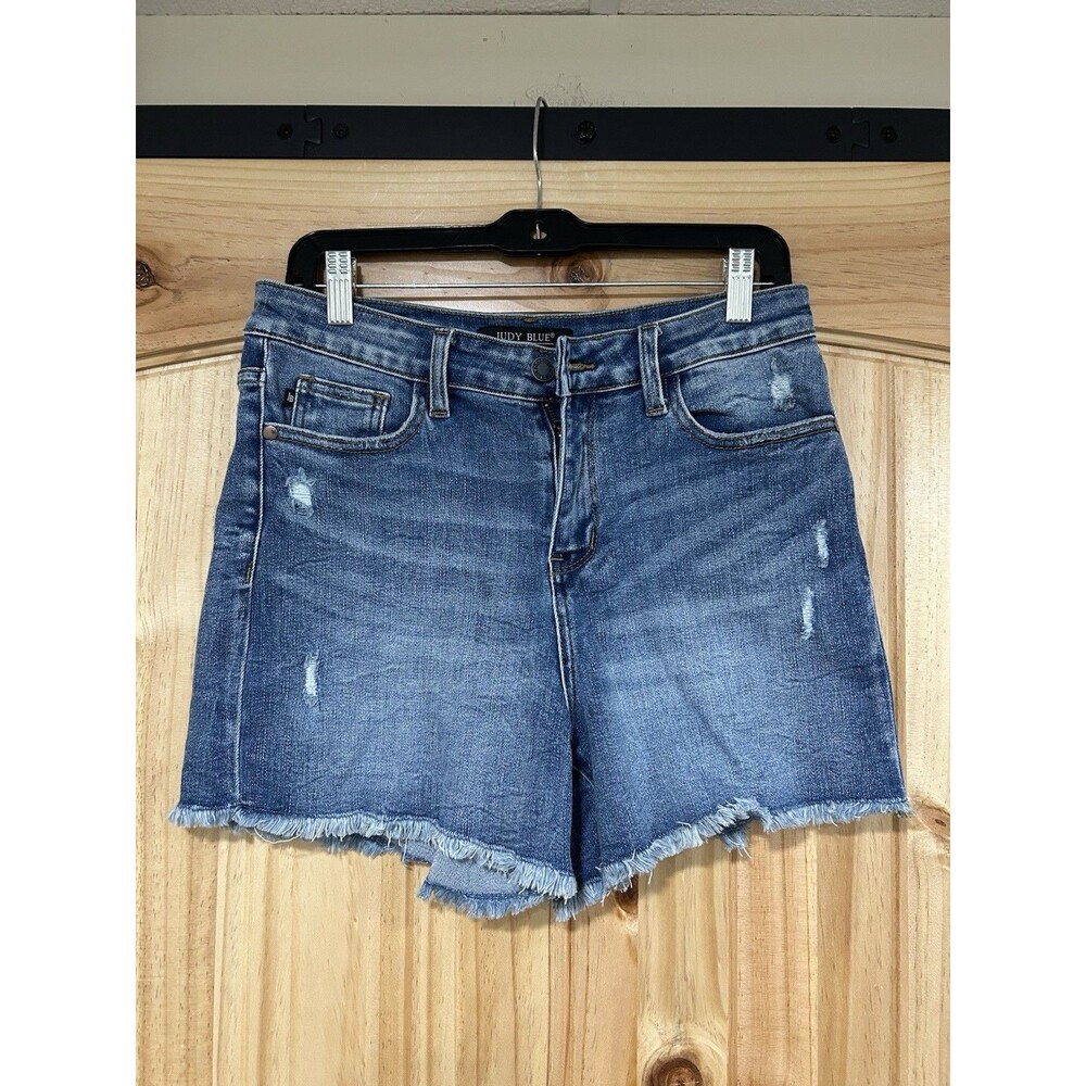 Judy Blue Shorts women’s Blue Denim Distressed Fringe Cutoff Size M 15” Waist